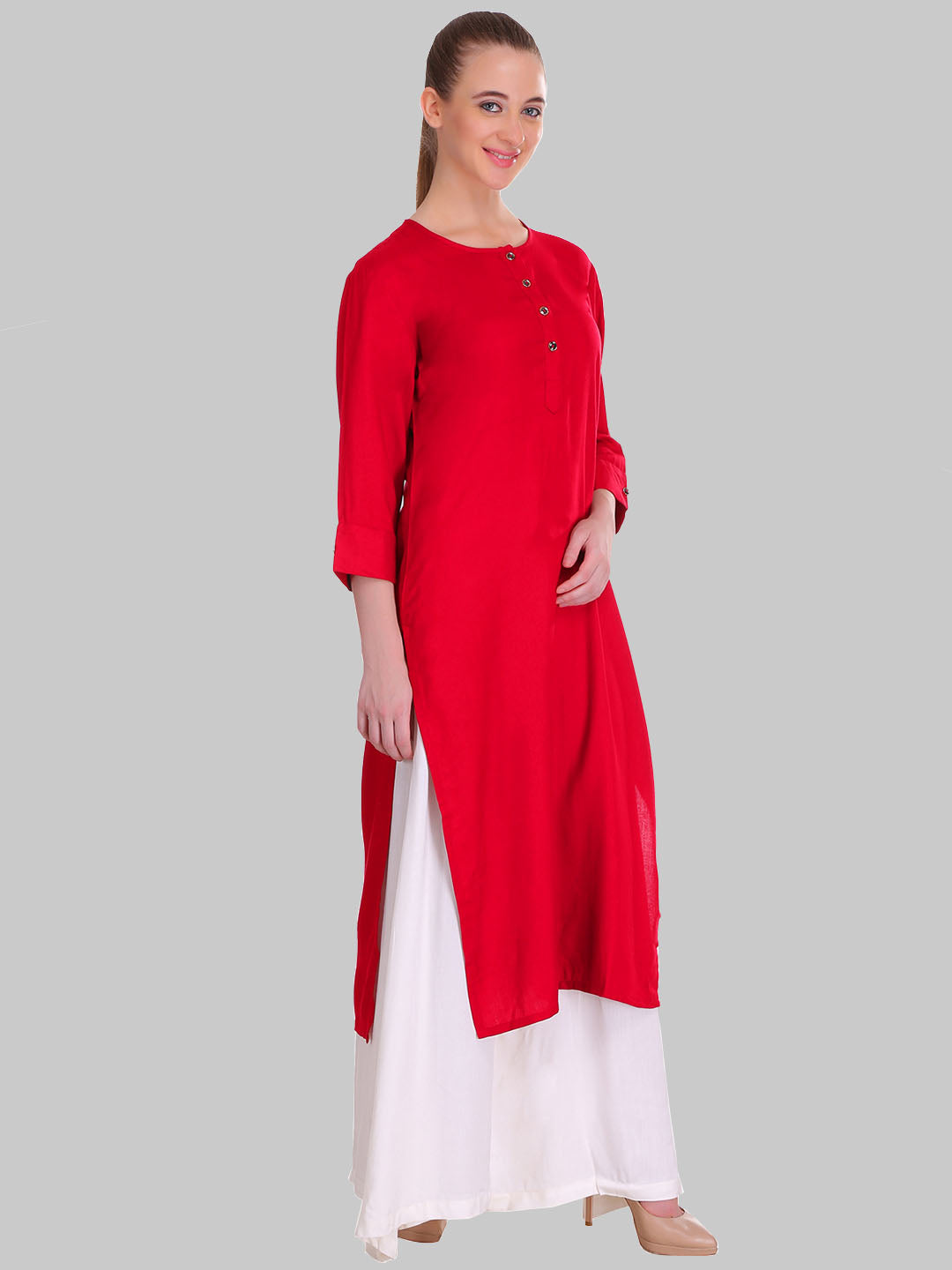 Saundarya Women's Red Plain Rayon Straight Kurta