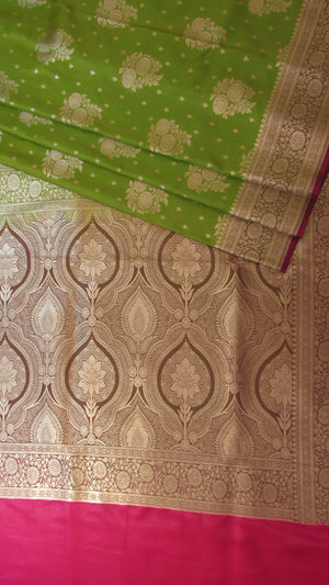Saugandh Women's Parrot Green Banarasi Silk Saree by Saundarya