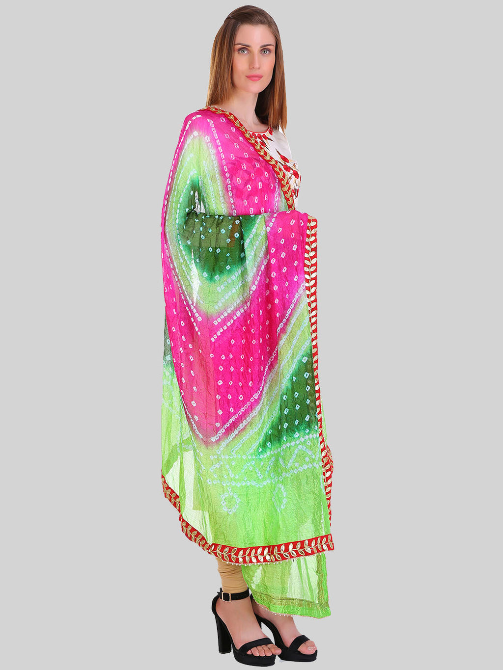 Saundarya Women's Bandhej Bandhani Dupatta - Bottle Green, Teal Green, Magenta
