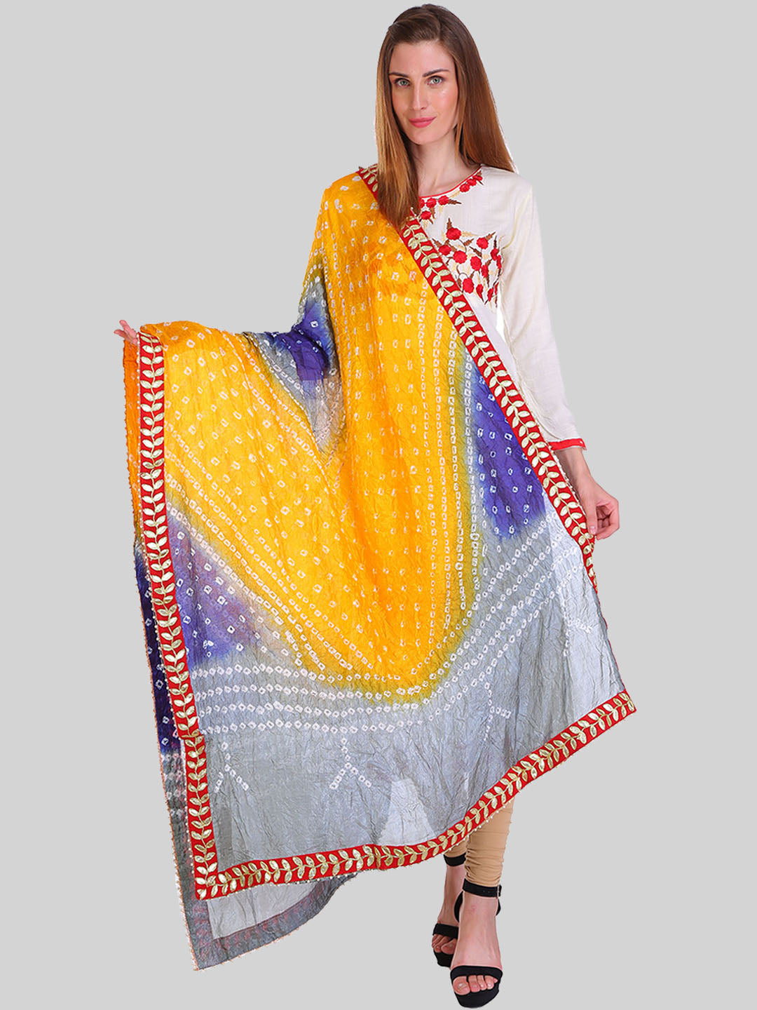 Saundarya Women's Bandhej Bandhani Dupatta - Ink Blue, Grey, Yellow
