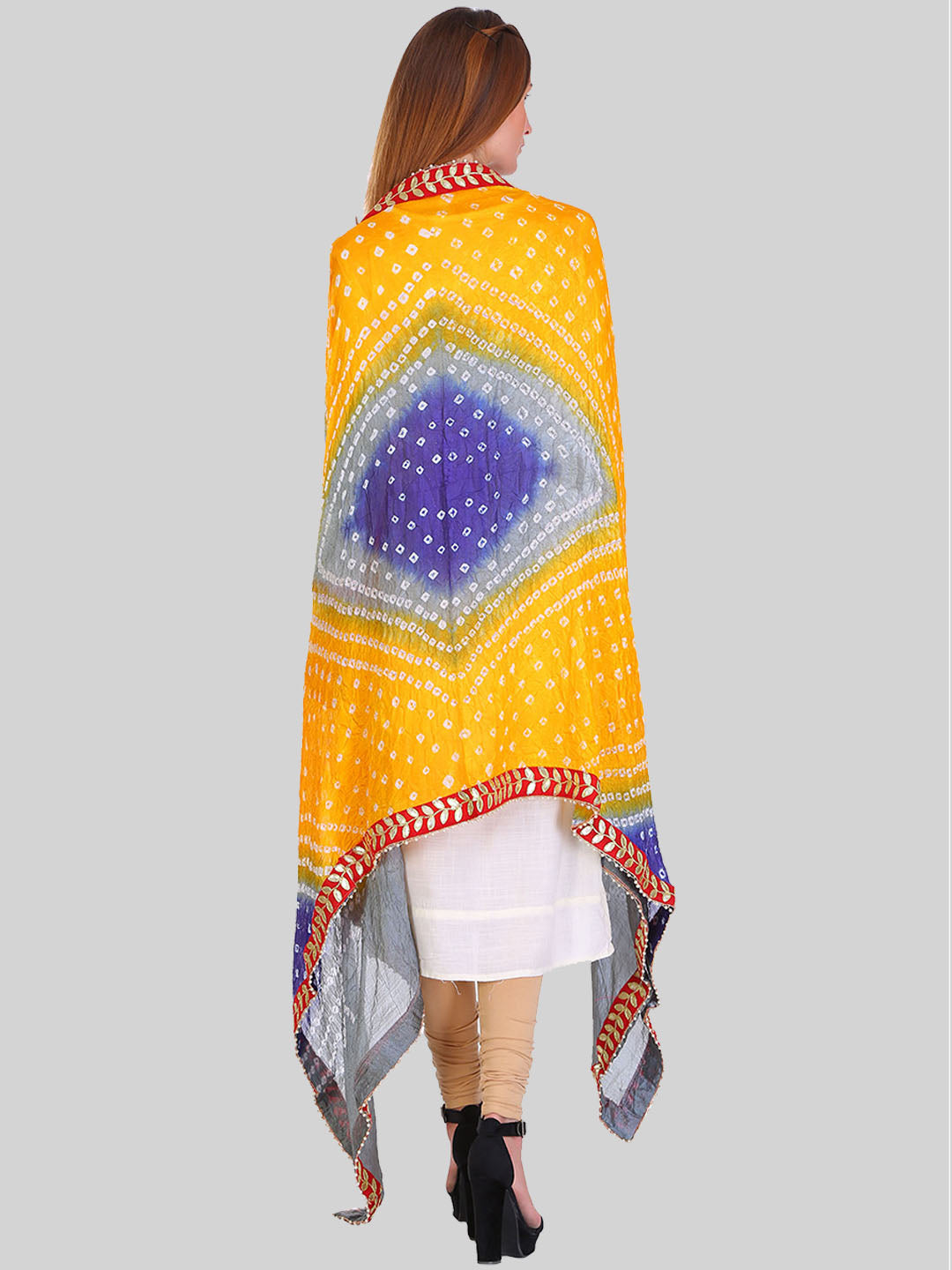 Saundarya Women's Bandhej Bandhani Dupatta - Ink Blue, Grey, Yellow