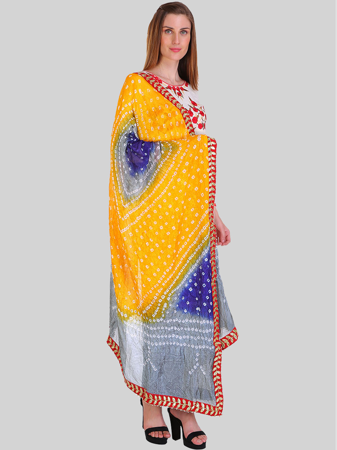 Saundarya Women's Bandhej Bandhani Dupatta - Ink Blue, Grey, Yellow