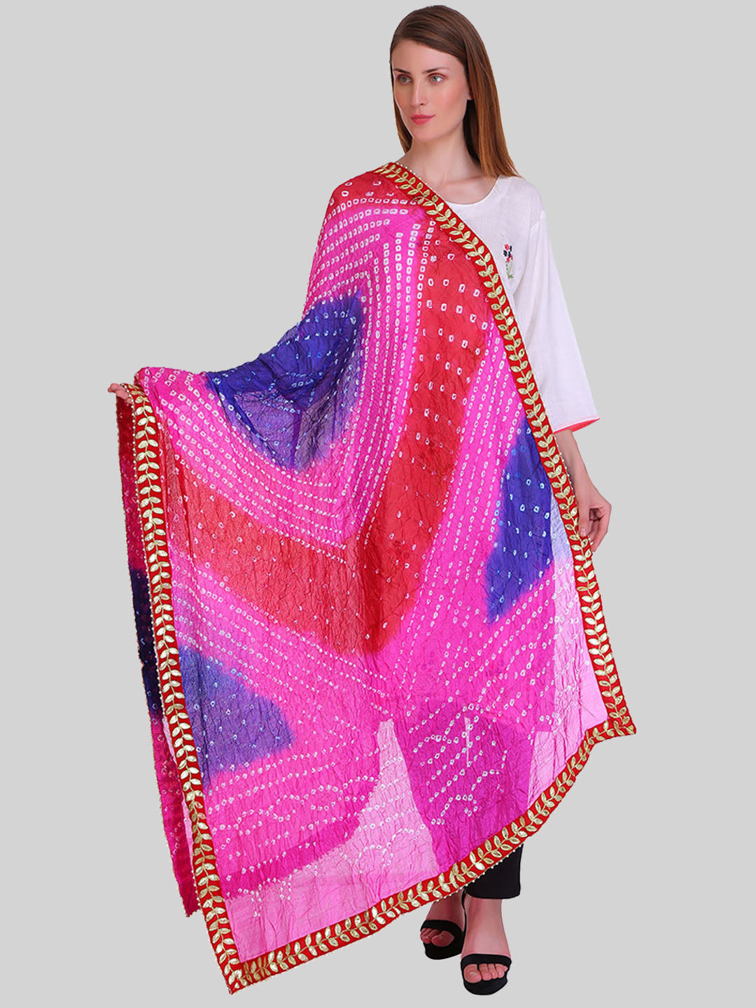 Saundarya Women's Bandhej Bandhani Dupatta - Maroon, Magenta, Ink Blue