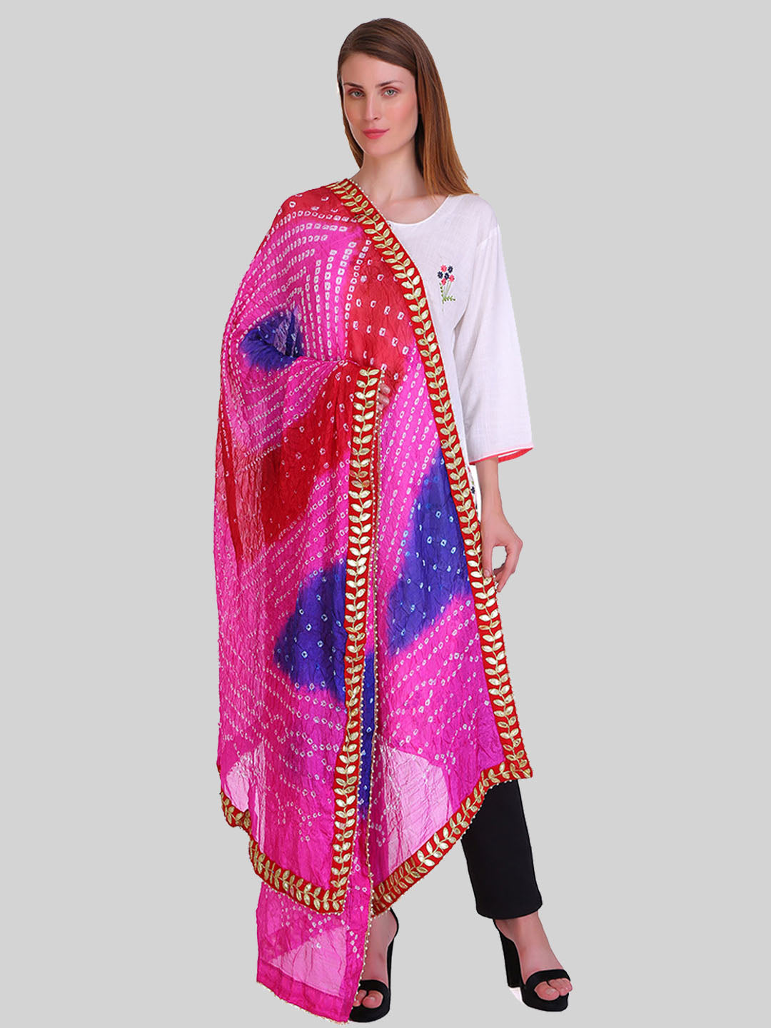 Saundarya Women's Bandhej Bandhani Dupatta - Maroon, Magenta, Ink Blue