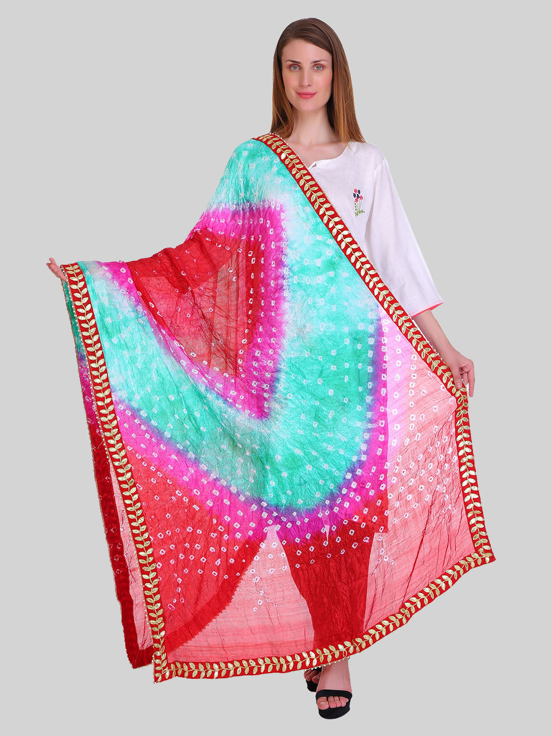 Saundarya Women's Bandhej Bandhani Dupatta - Maroon, Magenta, Teal Green