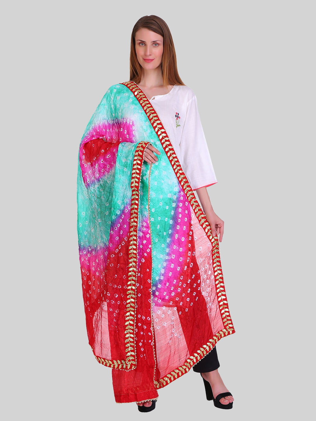 Saundarya Women's Bandhej Bandhani Dupatta - Maroon, Magenta, Teal Green