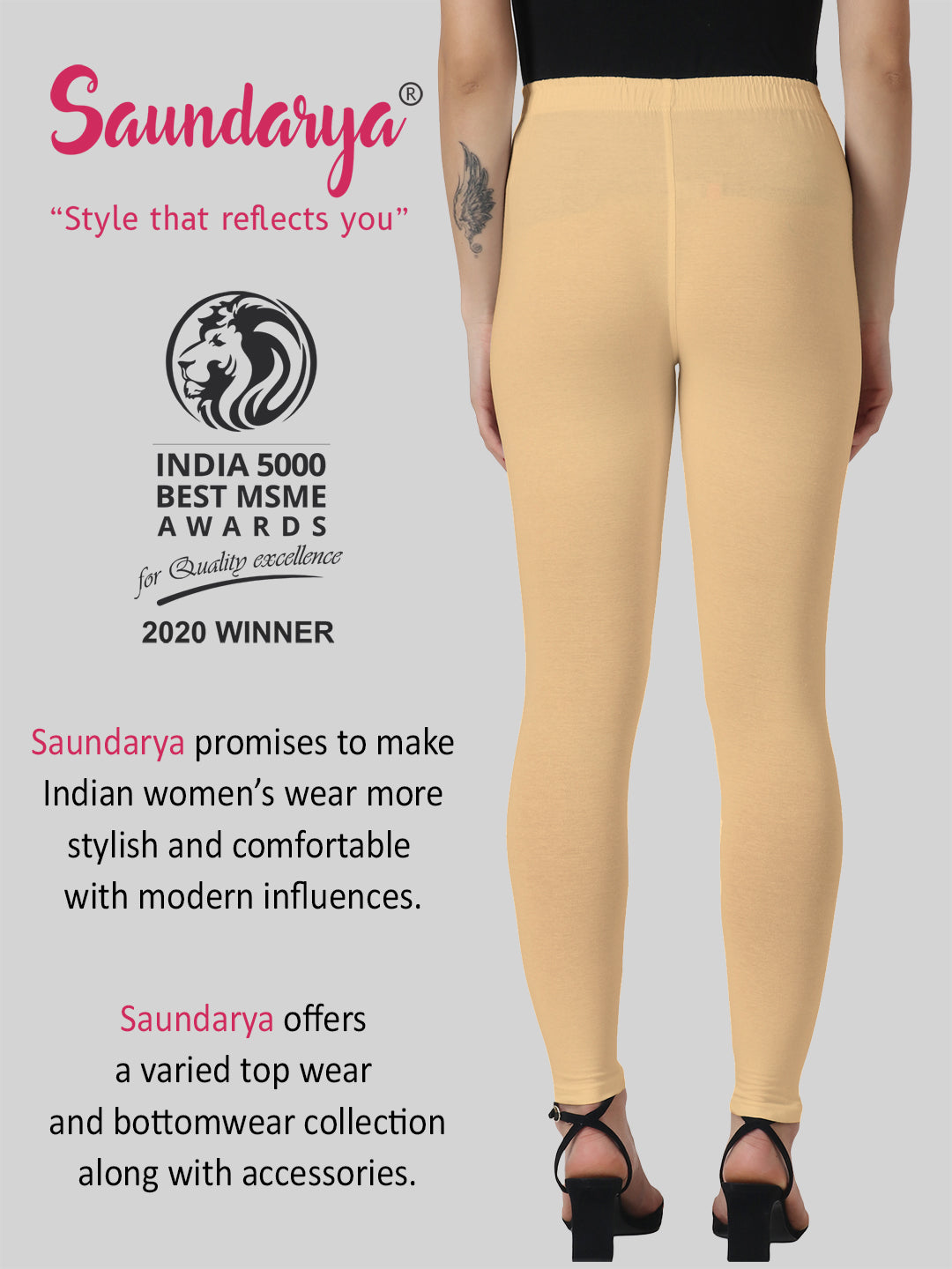 Saundarya Women's Beige Ankle Length Leggings Cotton