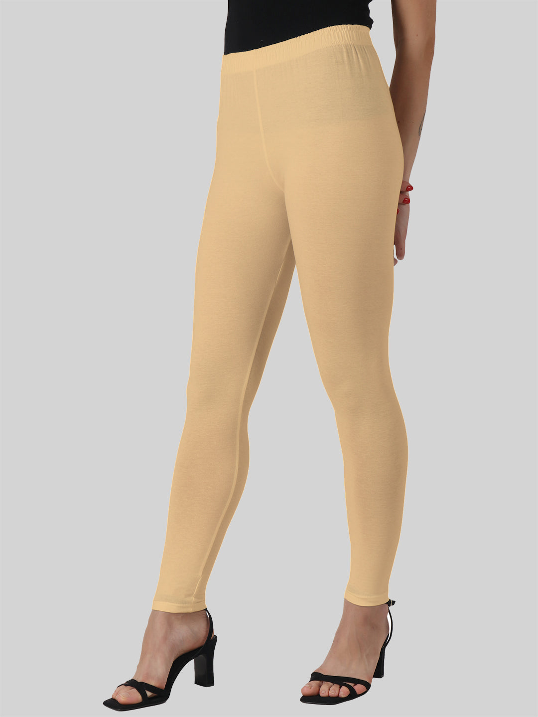 Saundarya Women’s Slim Fit Ankle Length Super Combed Cotton Rich Lycra Fabric Tailored Cut Stretchable Solid Plain Color Leggings; Beige