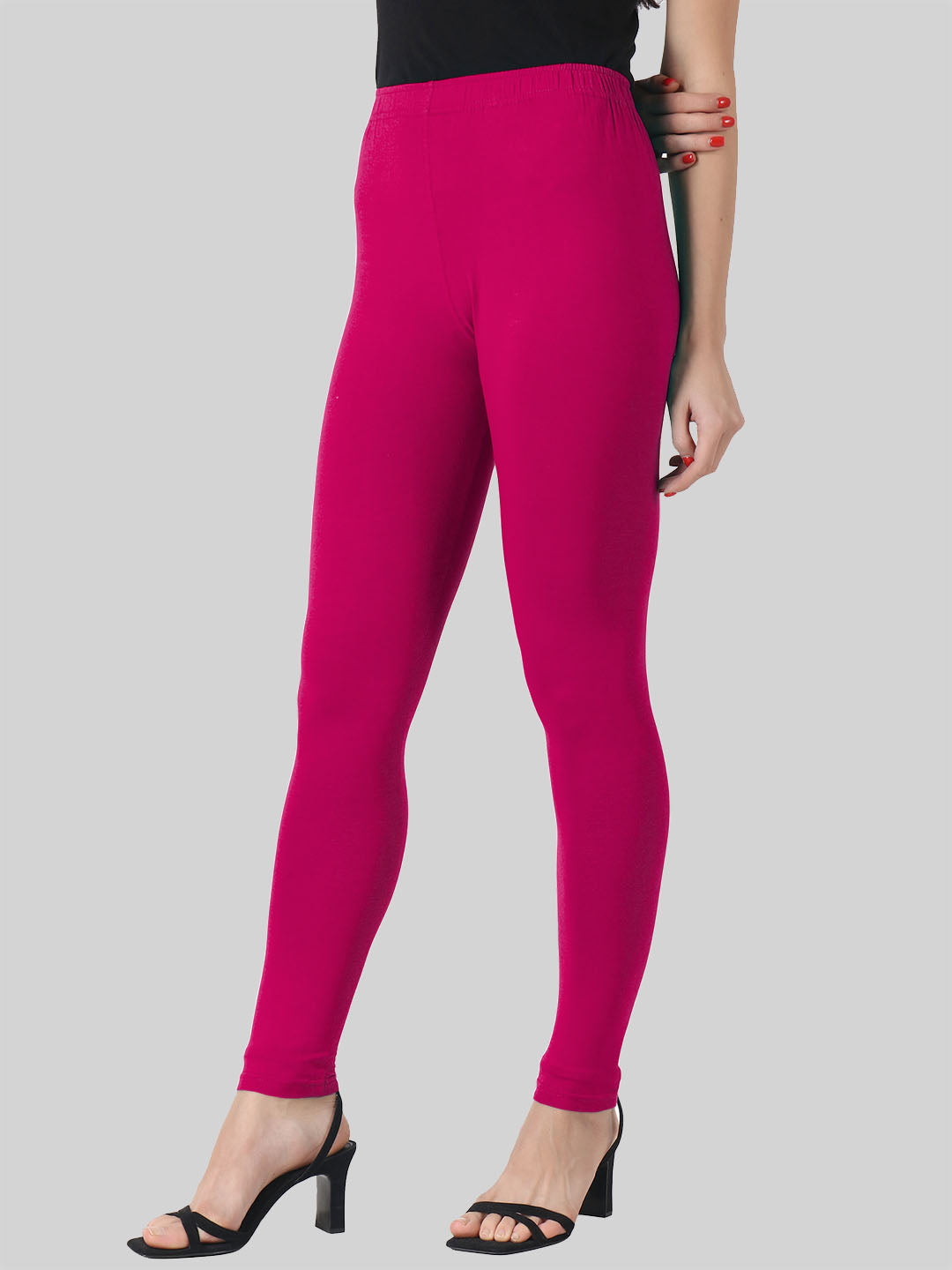 Saundarya Women’s Slim Fit Ankle Length Super Combed Cotton Rich Lycra Fabric Tailored Cut Stretchable Solid Plain Color Leggings; Dark Pink