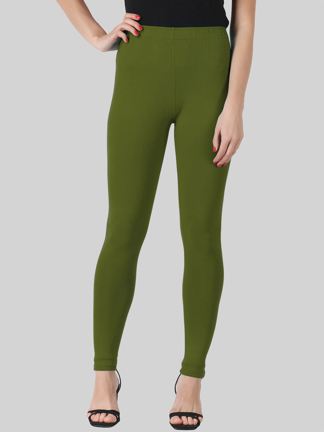 Saundarya Women’s Slim Fit Ankle Length Super Combed Cotton Rich Lycra Fabric Tailored Cut Stretchable Solid Plain Color Leggings; Olive Green