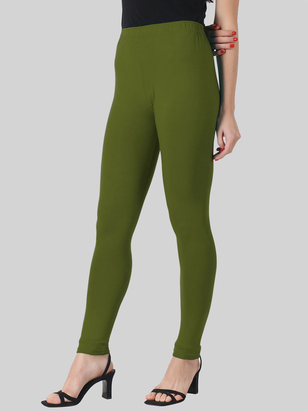 Saundarya Women's Olive Green Ankle Length Leggings Cotton