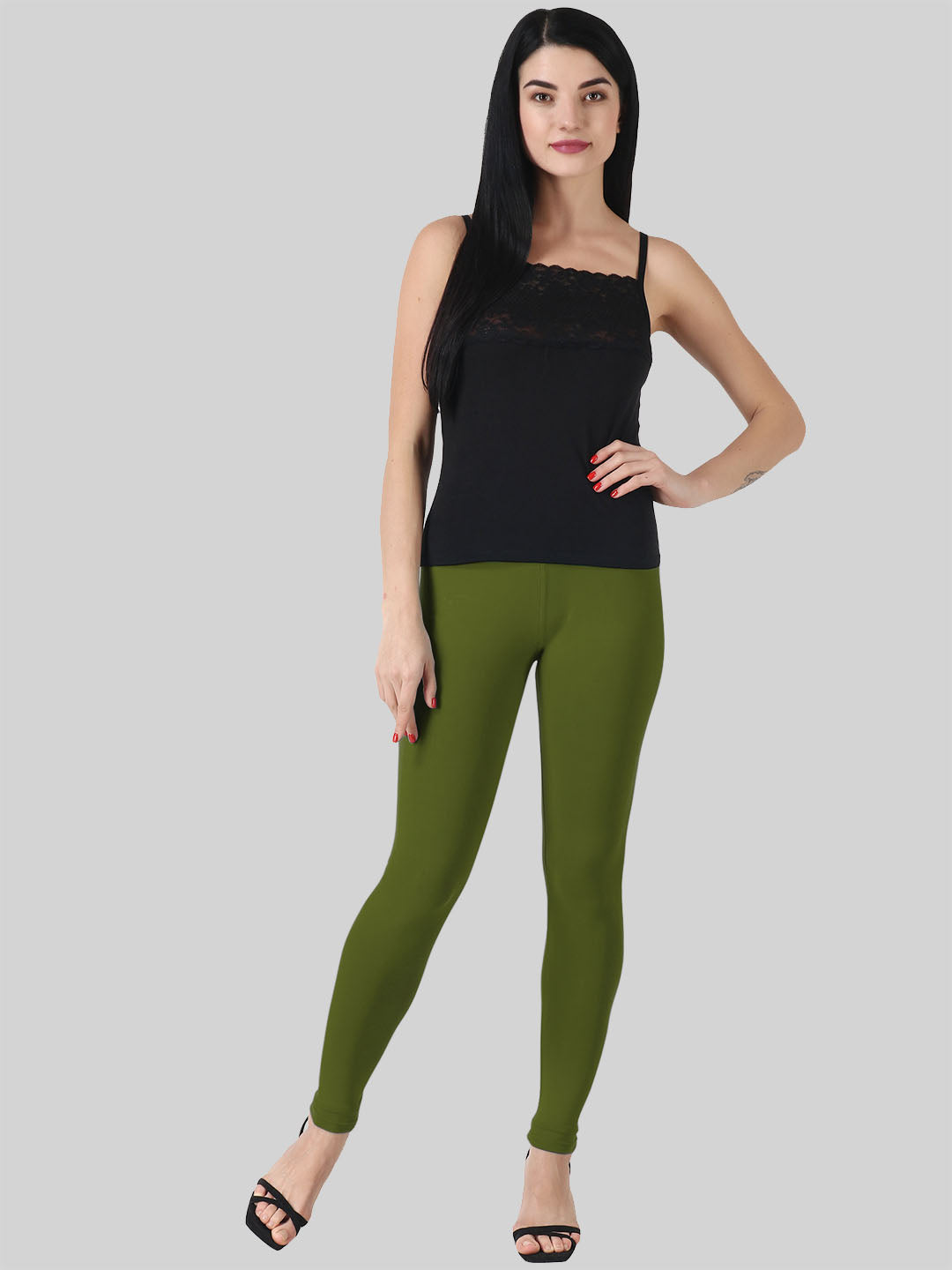 Saundarya Women's Olive Green Ankle Length Leggings Cotton