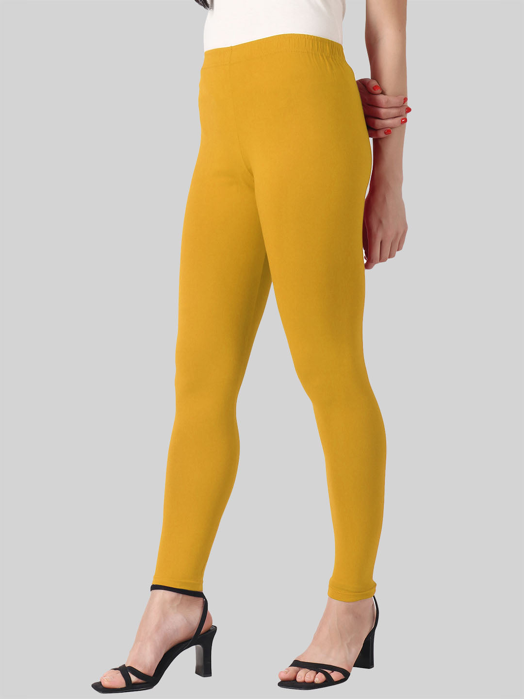 Saundarya Women’s Slim Fit Ankle Length Super Combed Cotton Rich Lycra Fabric Tailored Cut Stretchable Solid Plain Color Leggings; Turmeric Yellow