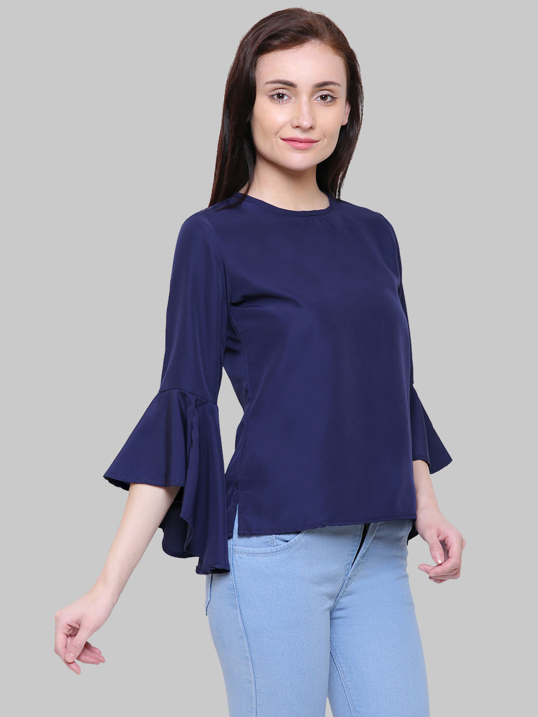 Saundarya Women's Navy Blue American Crepe Bell Sleeve Top