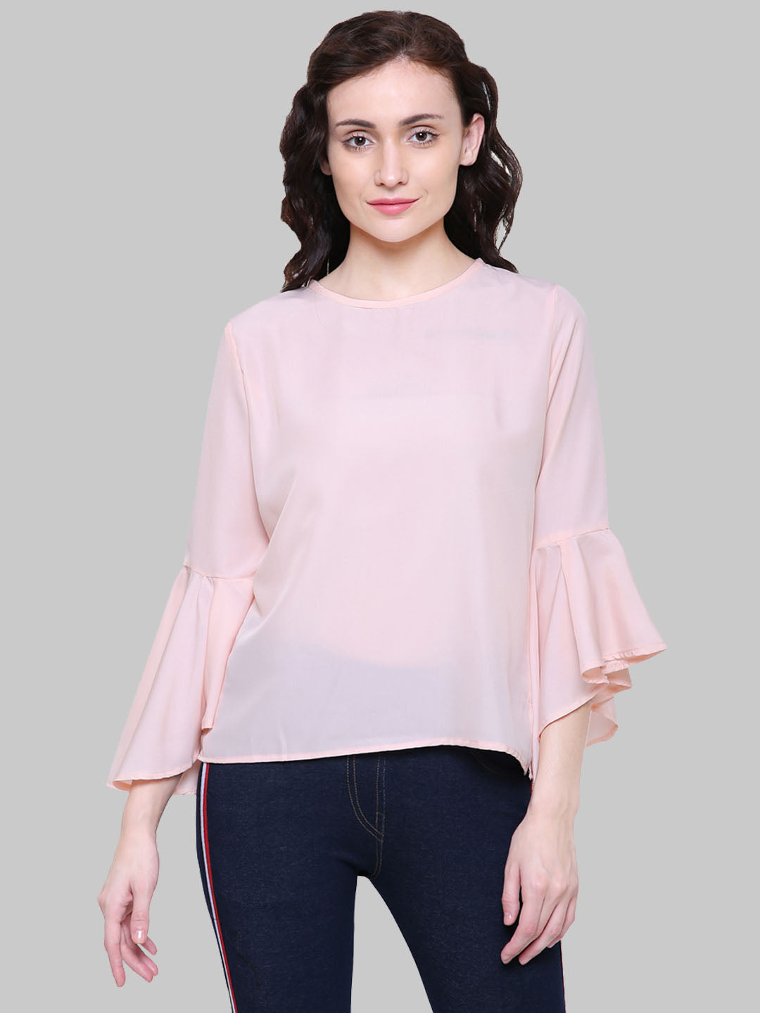 Saundarya Women's Peach American Crepe Bell Sleeve Top
