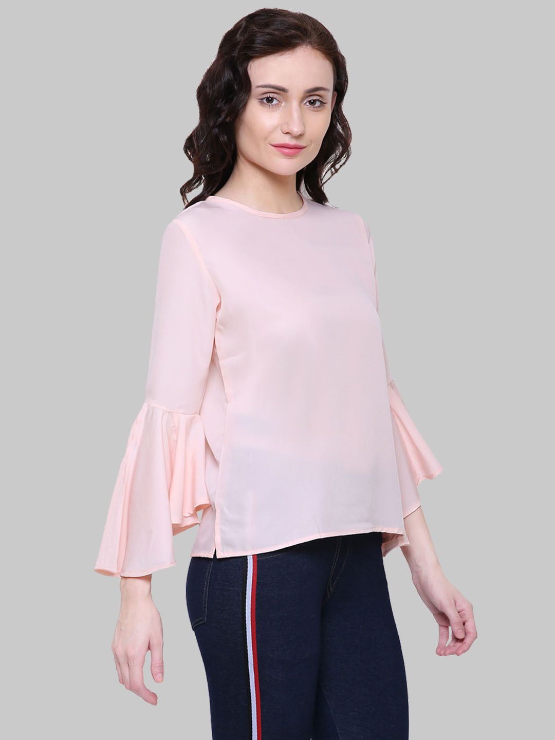 Saundarya Women's Peach American Crepe Bell Sleeve Top