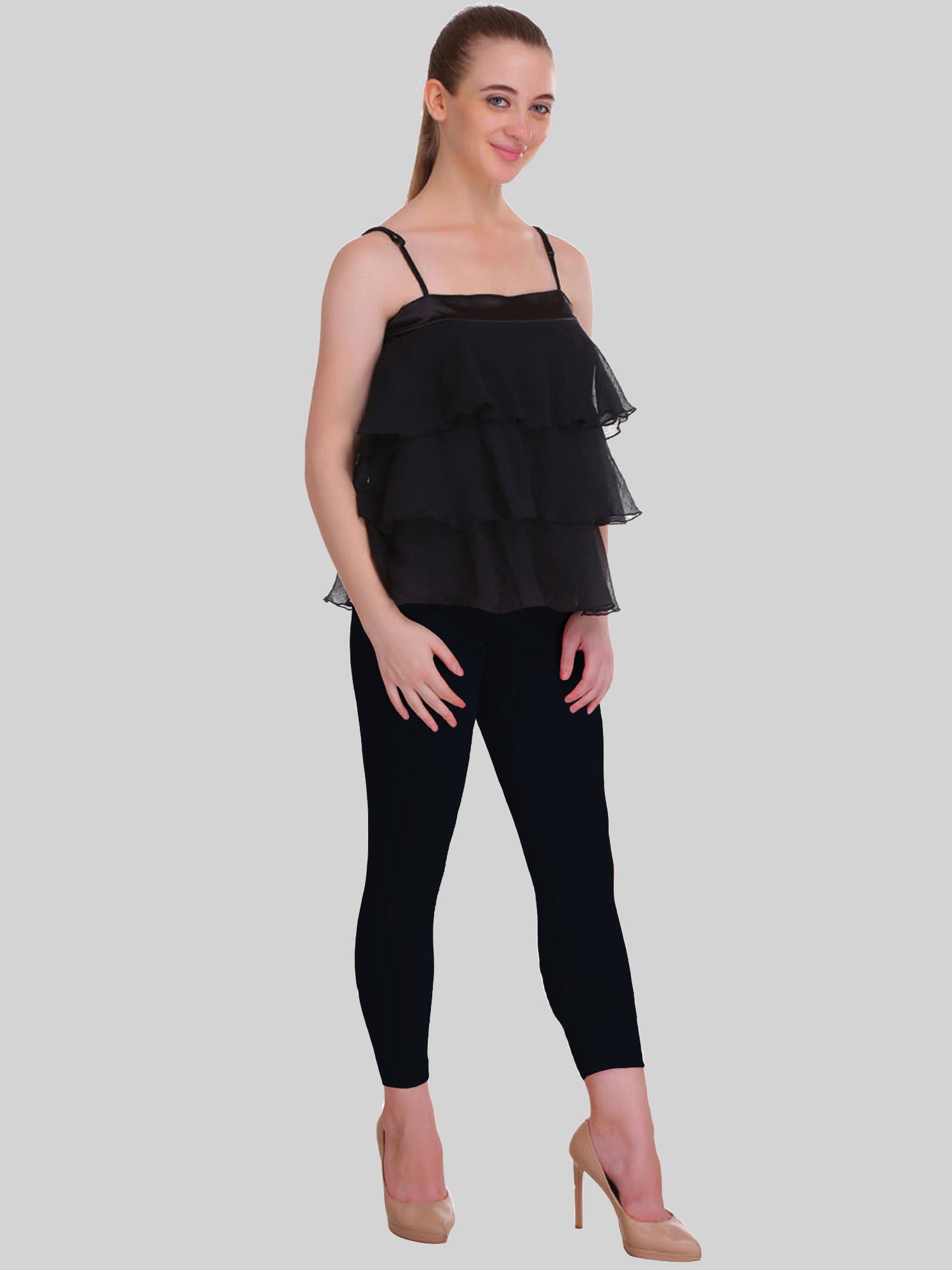 Black Calf Length Leggings Cotton