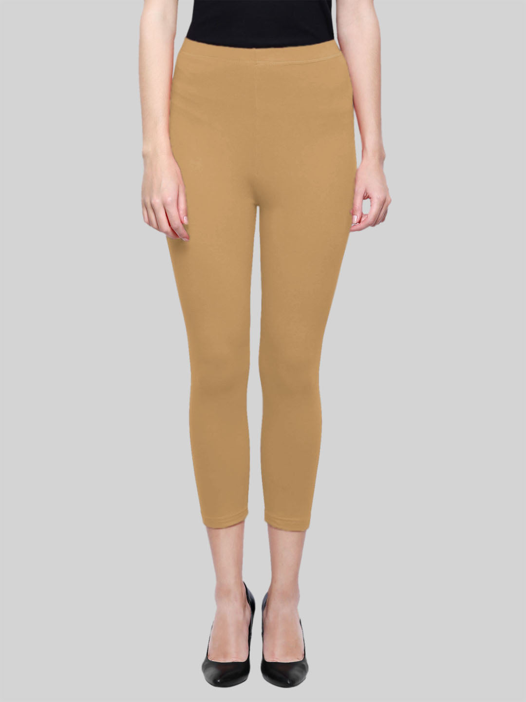 Dark Beige Calf Length Leggings Cotton