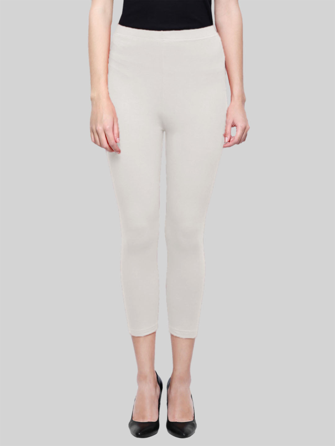 Saundarya Women’s Slim Fit Calf Length Super Combed Cotton Rich Lycra Fabric Tailored Cut Stretchable Solid Plain Color Leggings; Off White