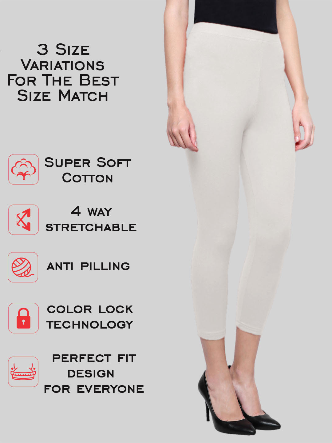 Saundarya Women’s Slim Fit Calf Length Super Combed Cotton Rich Lycra Fabric Tailored Cut Stretchable Solid Plain Color Leggings; Off White