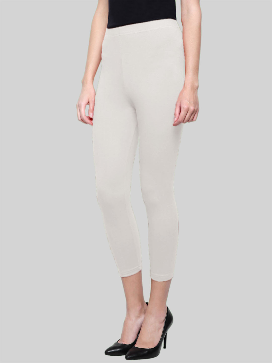 Saundarya Women’s Slim Fit Calf Length Super Combed Cotton Rich Lycra Fabric Tailored Cut Stretchable Solid Plain Color Leggings; Off White