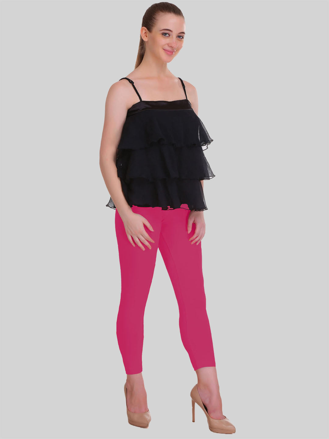 Saundarya Women’s Slim Fit Calf Length Super Combed Cotton Rich Lycra Fabric Tailored Cut Stretchable Solid Plain Color Leggings; Dark Pink
