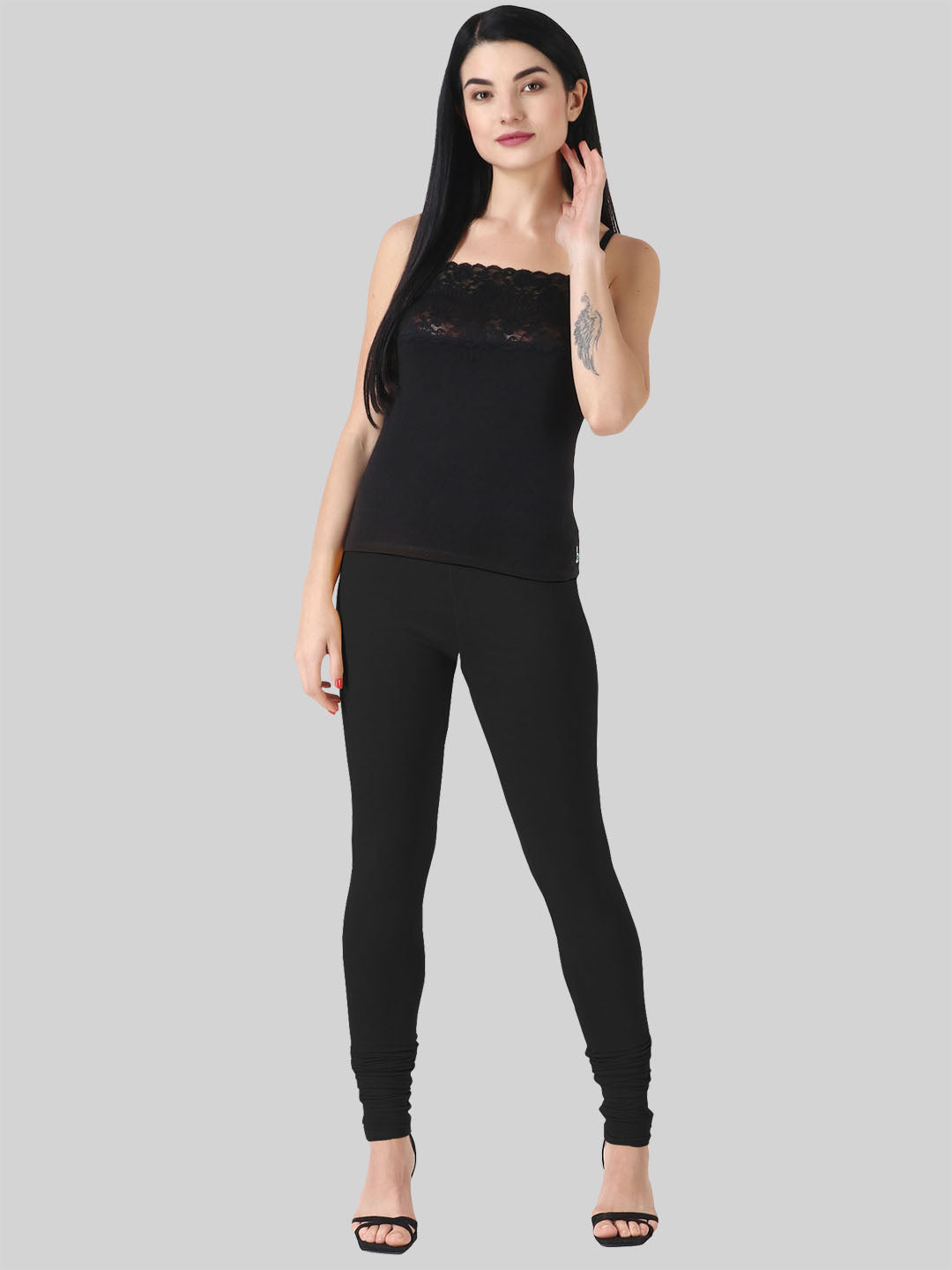 Saundarya Women’s Slim Fit Churidar Super Combed Cotton Rich Lycra Fabric Tailored Cut Stretchable Solid Plain Color Leggings; Black