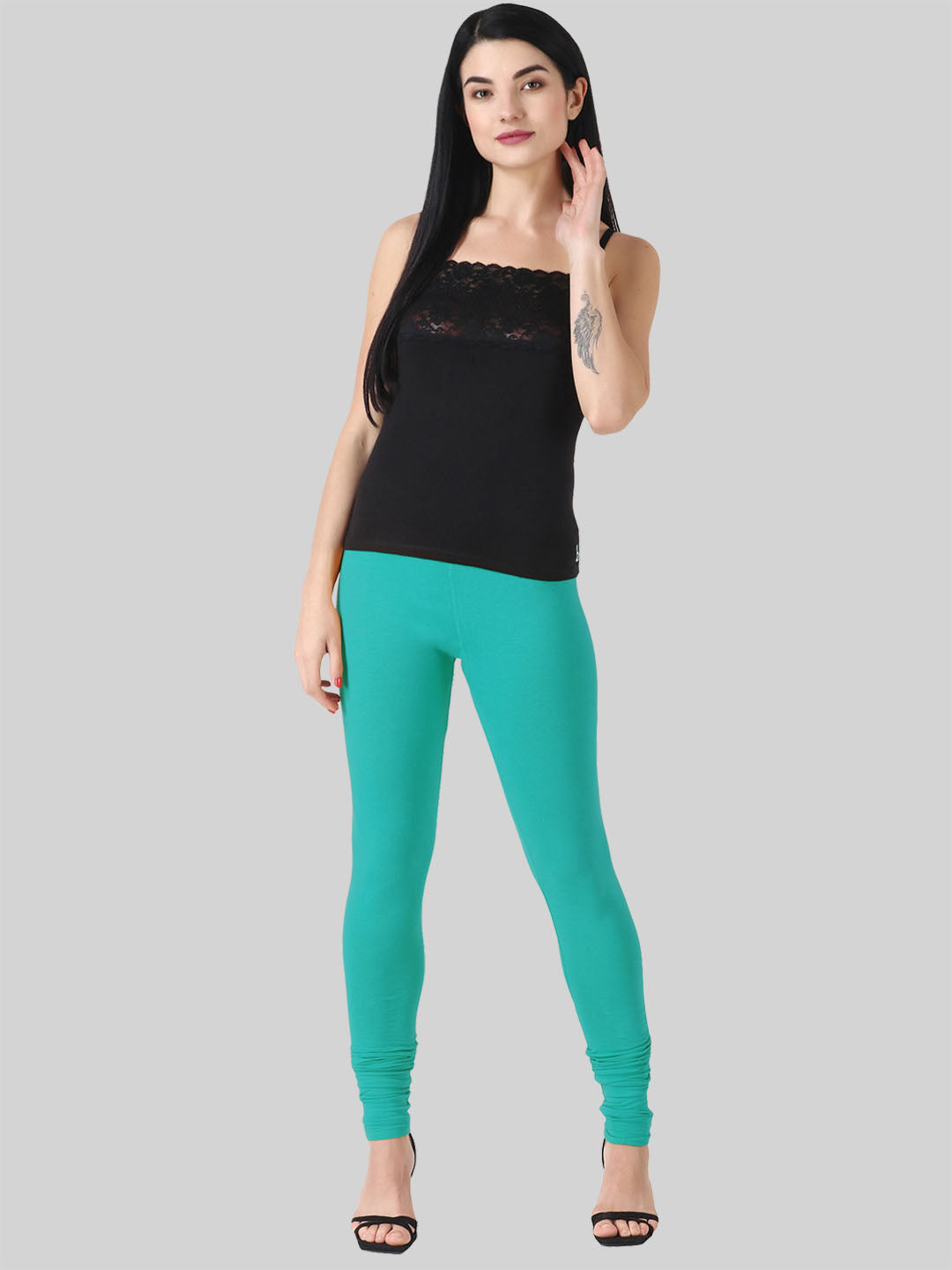 Saundarya Women’s Slim Fit Churidar Super Combed Cotton Rich Lycra Fabric Tailored Cut Stretchable Solid Plain Color Leggings; Teal Green