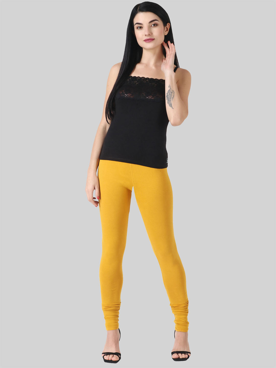 Saundarya Women’s Slim Fit Churidar Super Combed Cotton Rich Lycra Fabric Tailored Cut Stretchable Solid Plain Color Leggings; Turmeric Yellow