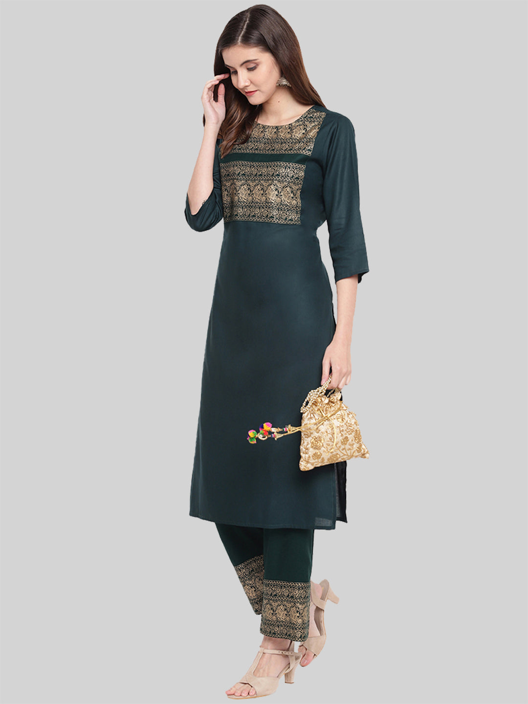 Saundarya Women's Dark Green Kurta with Pant set