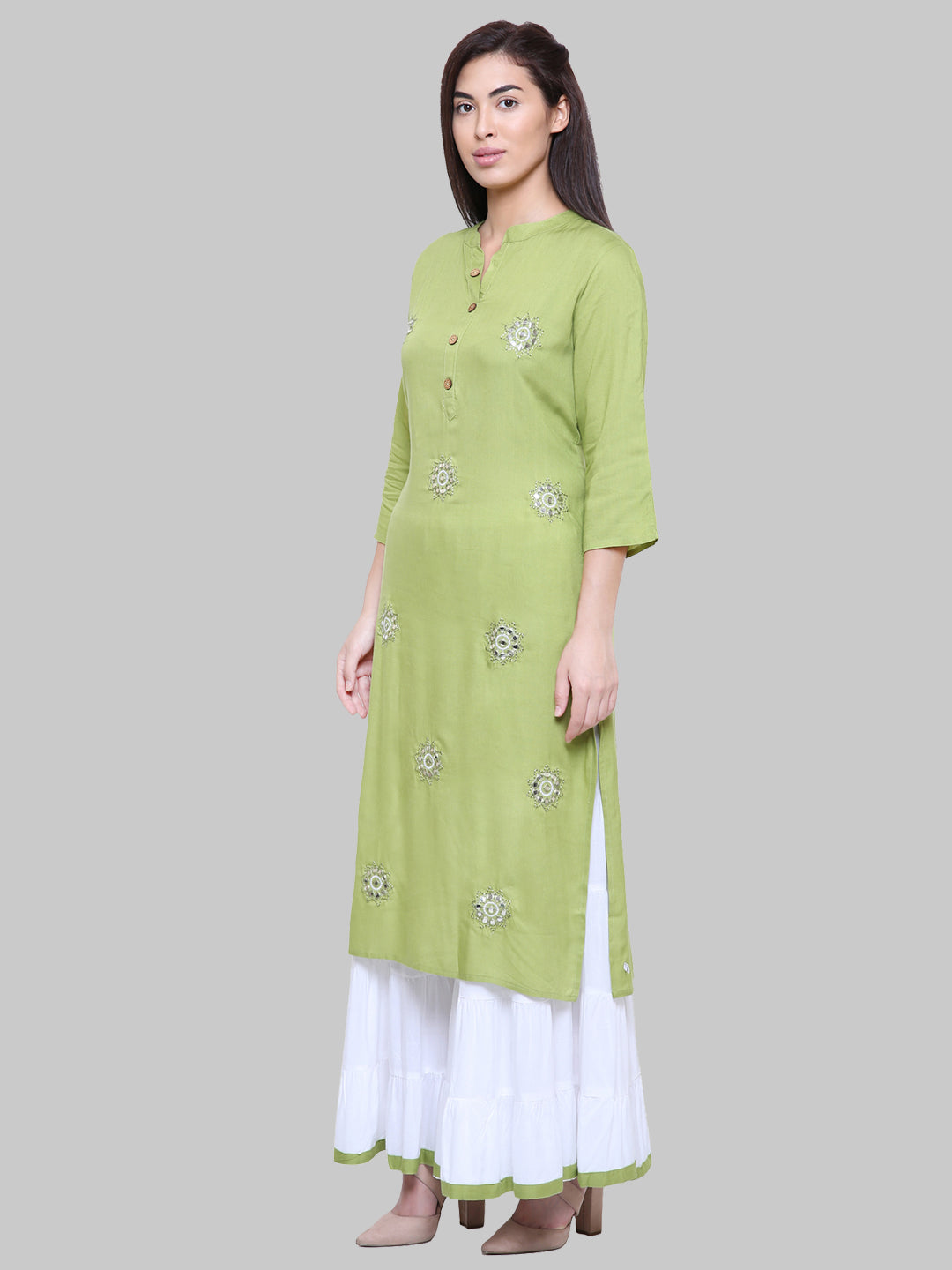 Saundarya Women's Olive Green Kurta with White Sharara set