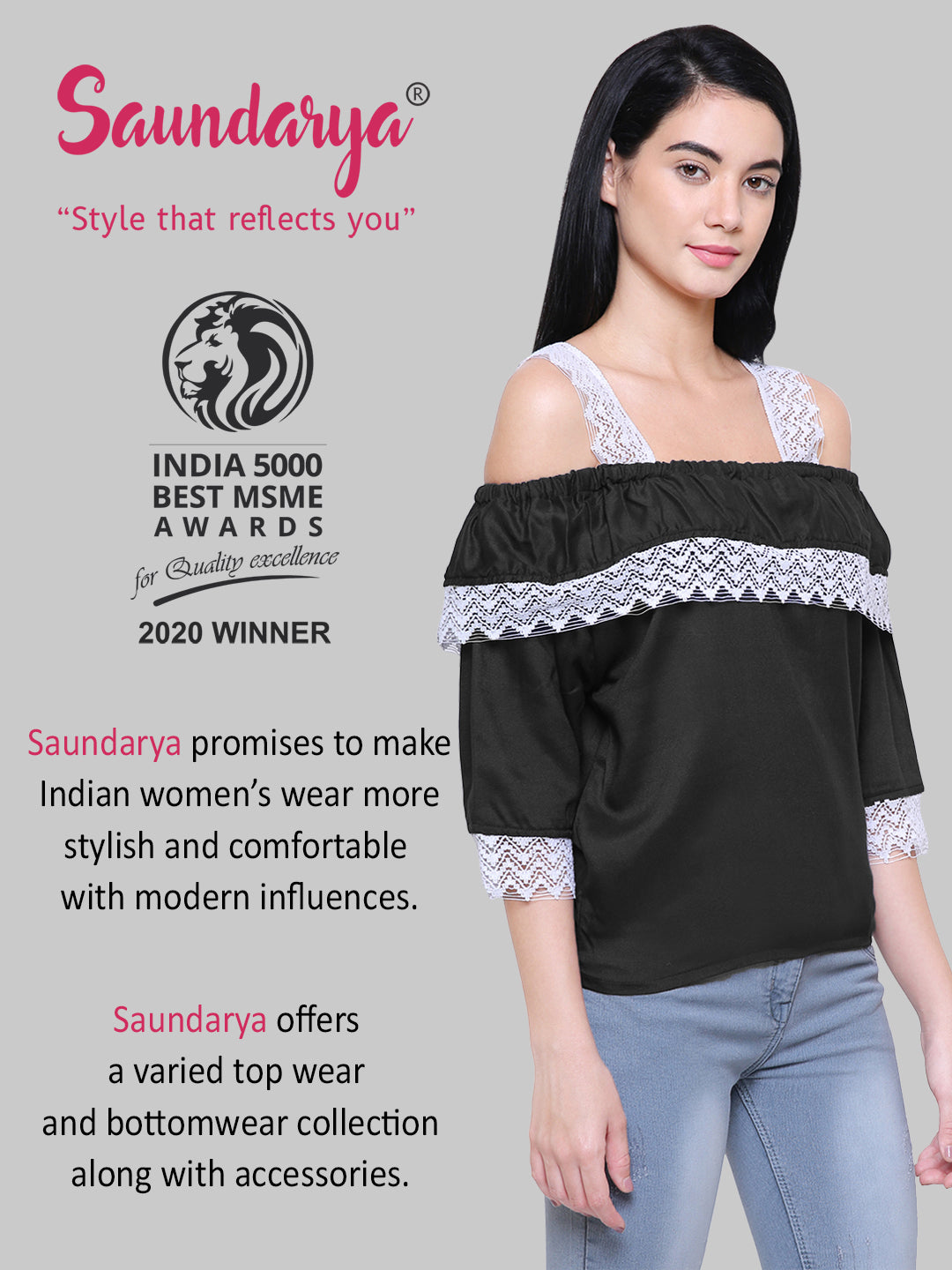Saundarya Women's Black Off Shoulder Lace Sleeve Top