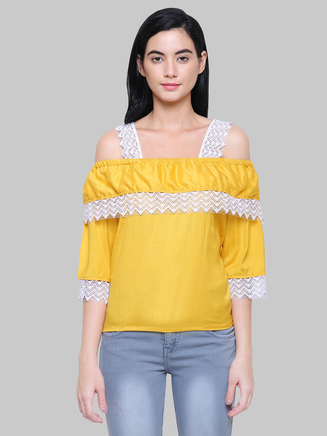 Saundarya Women's Mustard Off Shoulder Lace Sleeve Top