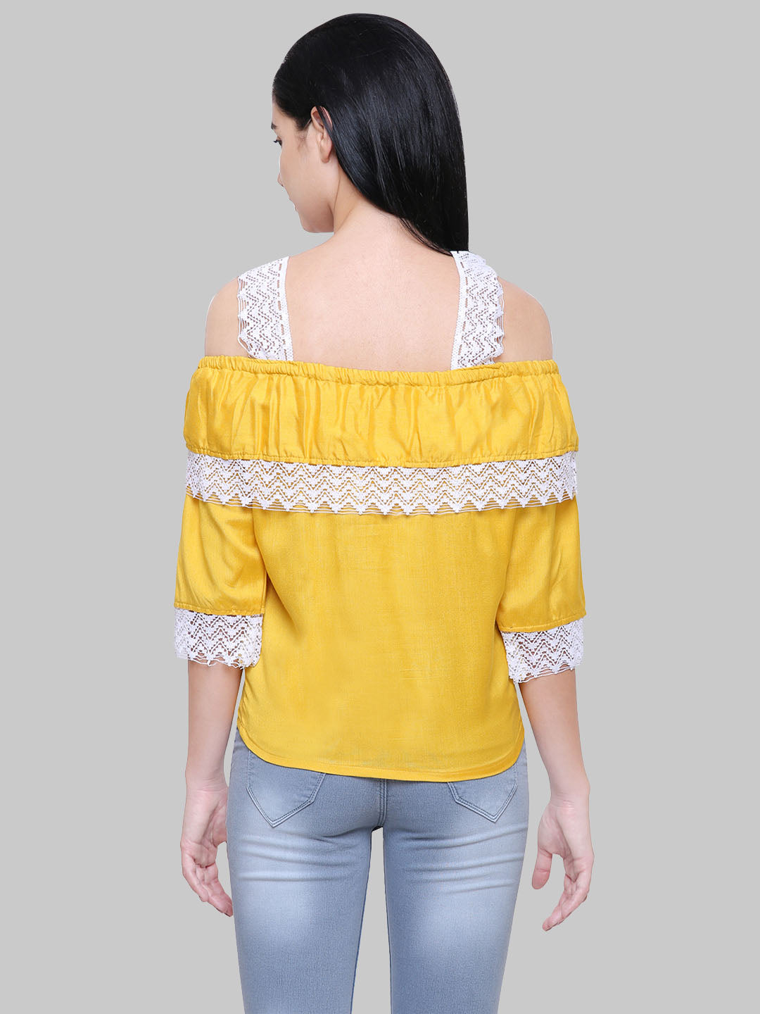 Saundarya Women's Mustard Off Shoulder Lace Sleeve Top