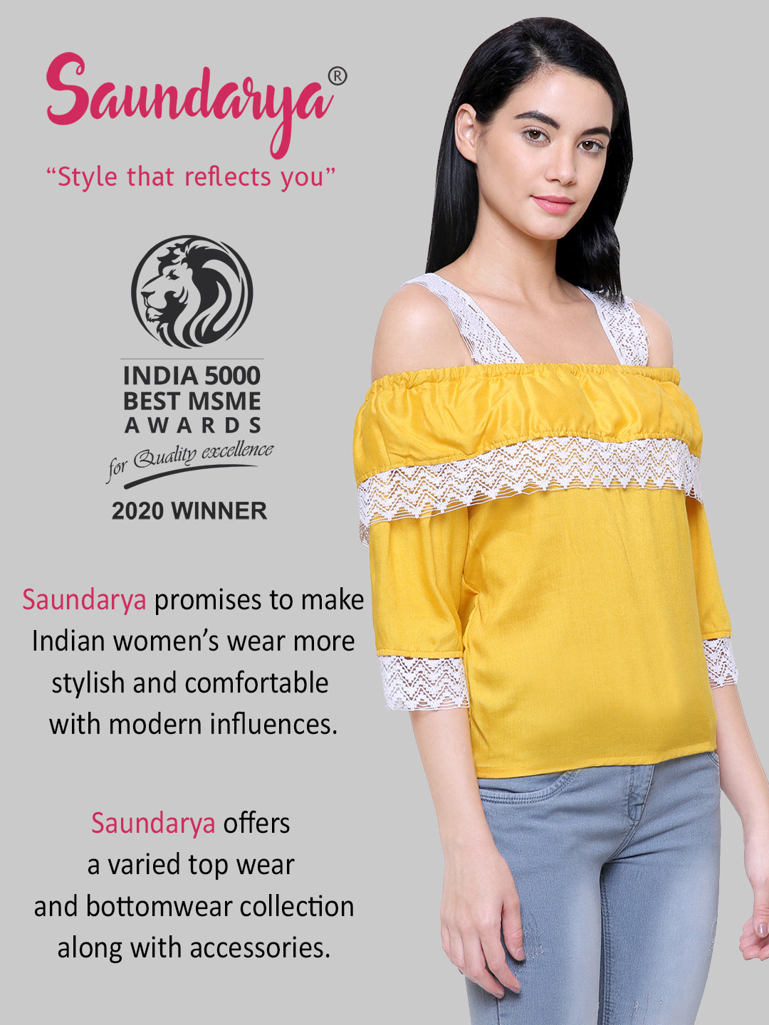 Saundarya Women's Mustard Off Shoulder Lace Sleeve Top