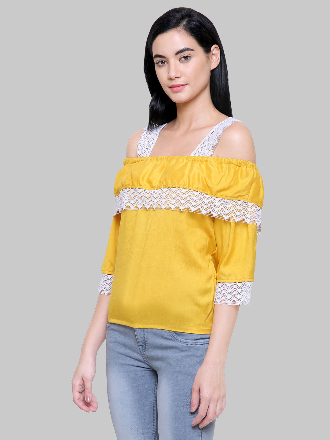 Saundarya Women's Mustard Off Shoulder Lace Sleeve Top