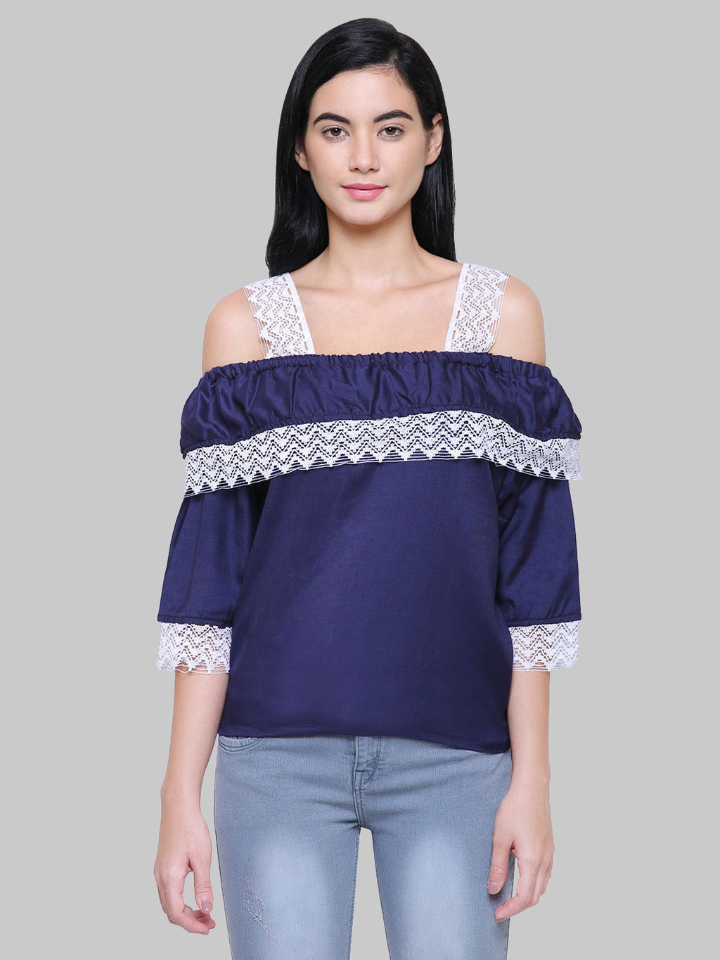 Saundarya Women's Navy Blue Off Shoulder Lace Sleeve Top