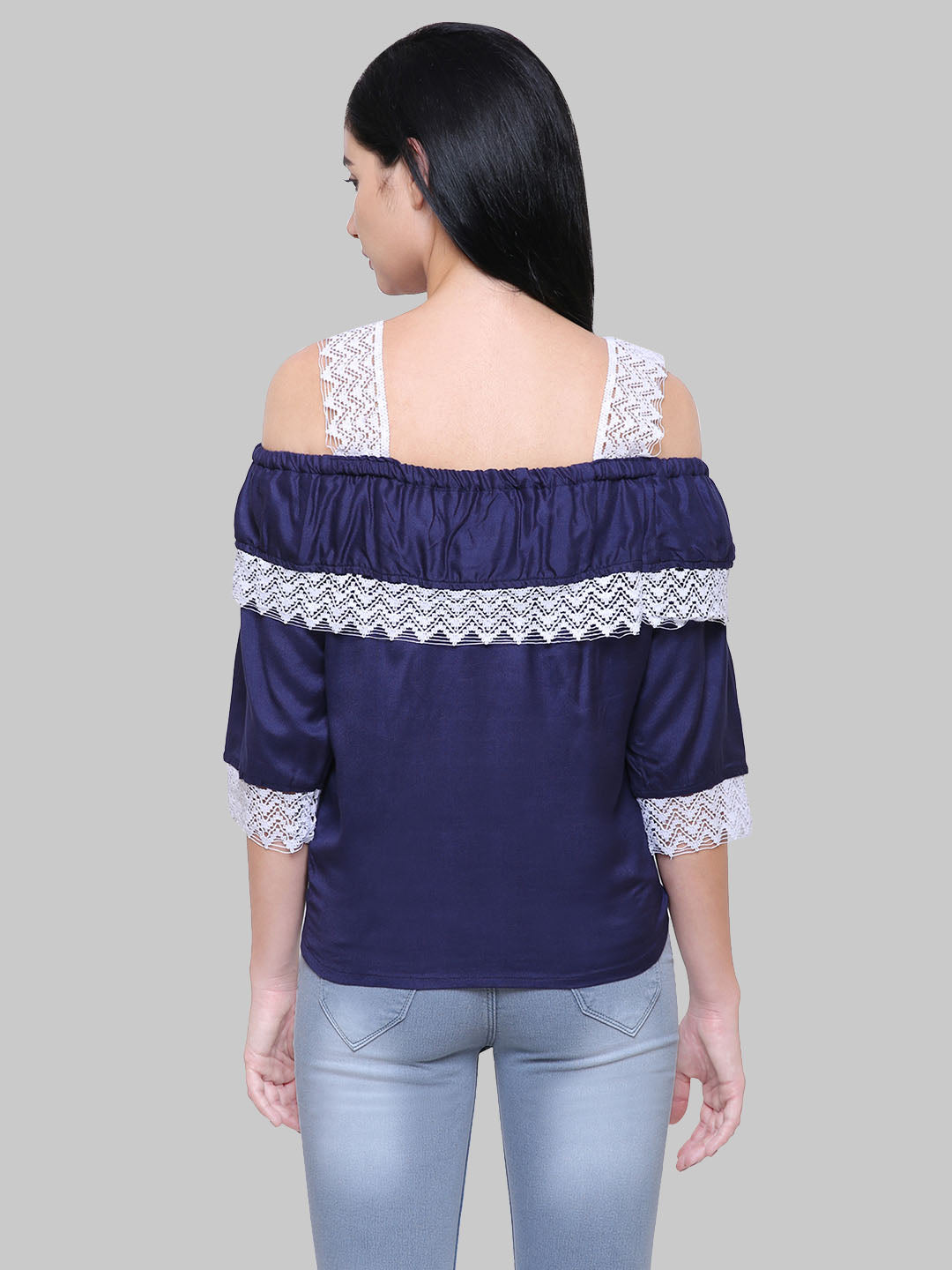 Saundarya Women's Navy Blue Off Shoulder Lace Sleeve Top
