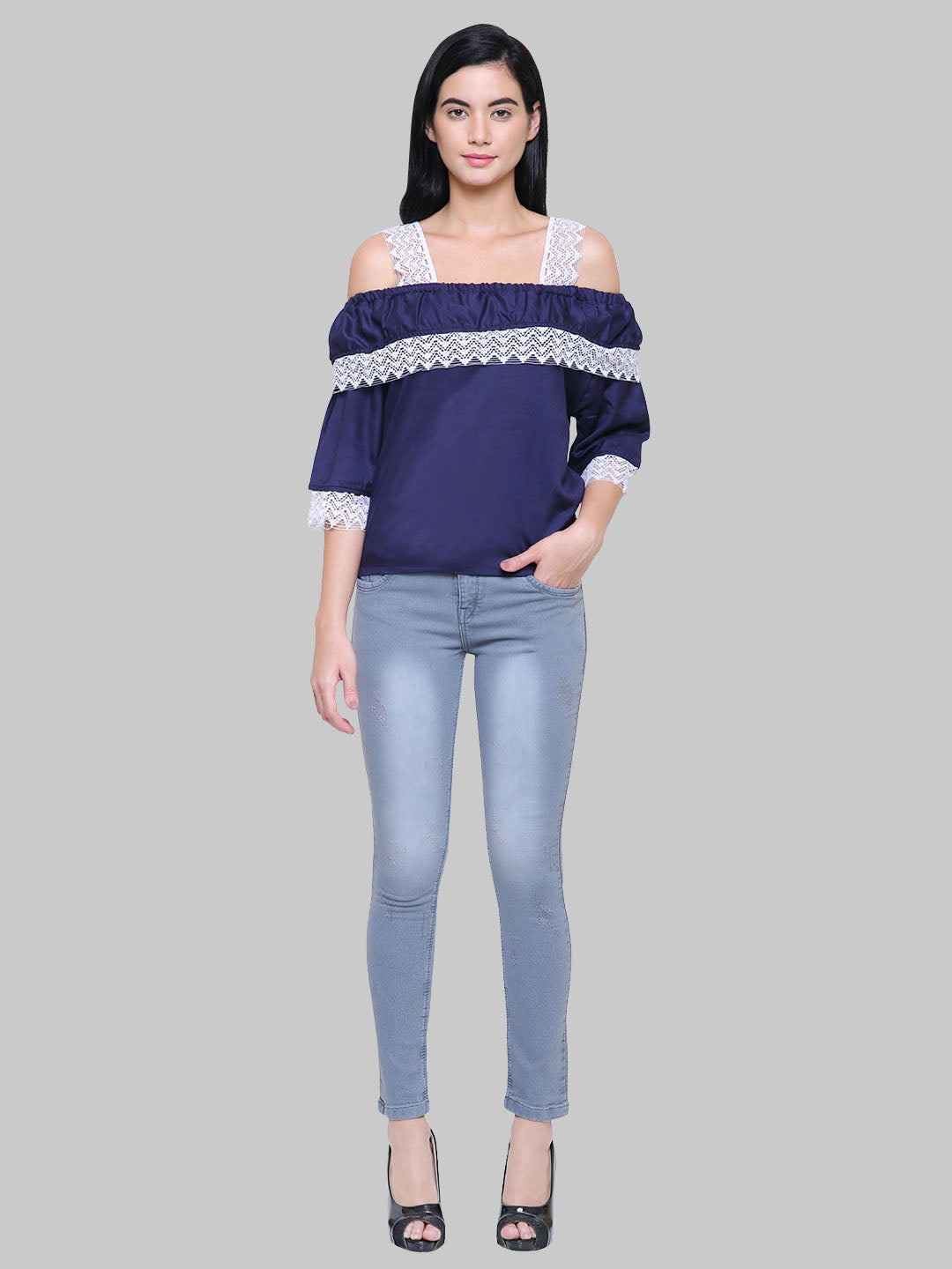 Saundarya Women's Navy Blue Off Shoulder Lace Sleeve Top