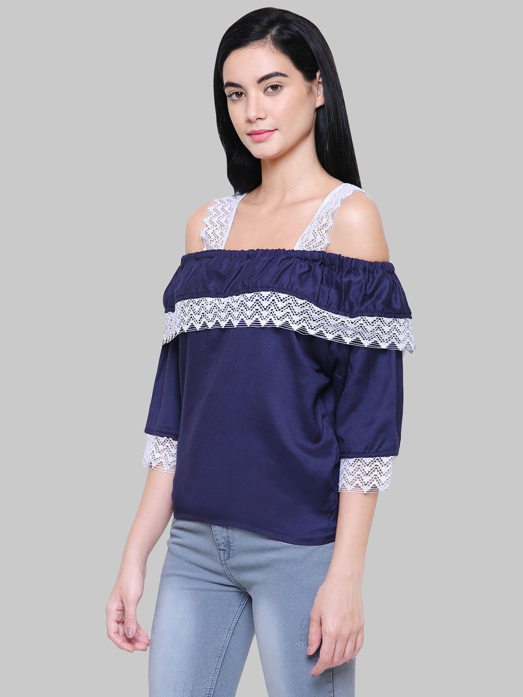 Saundarya Women's Navy Blue Off Shoulder Lace Sleeve Top