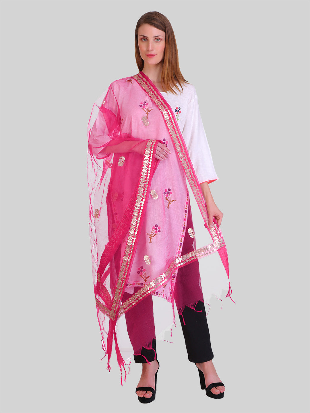 Saundarya Women's Magenta Organza Dupatta