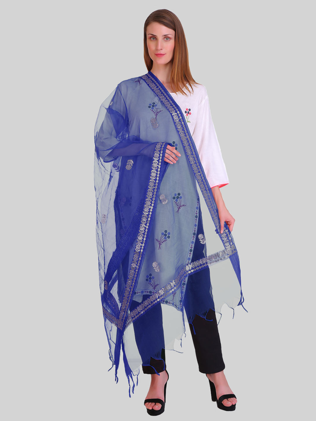 Saundarya Women's Navy Blue Organza Dupatta