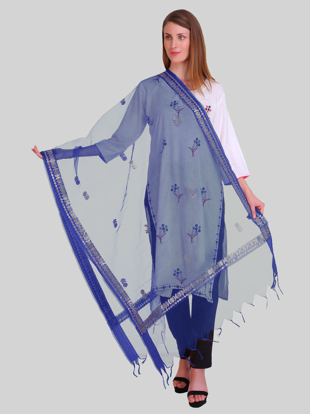 Saundarya Women's Navy Blue Organza Dupatta