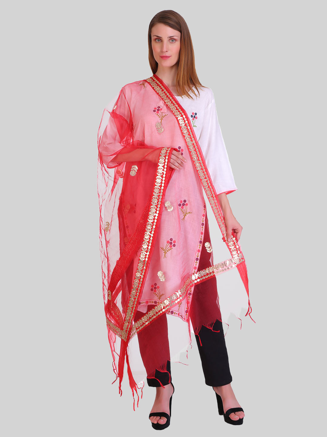 Saundarya Women's Red Organza Dupatta
