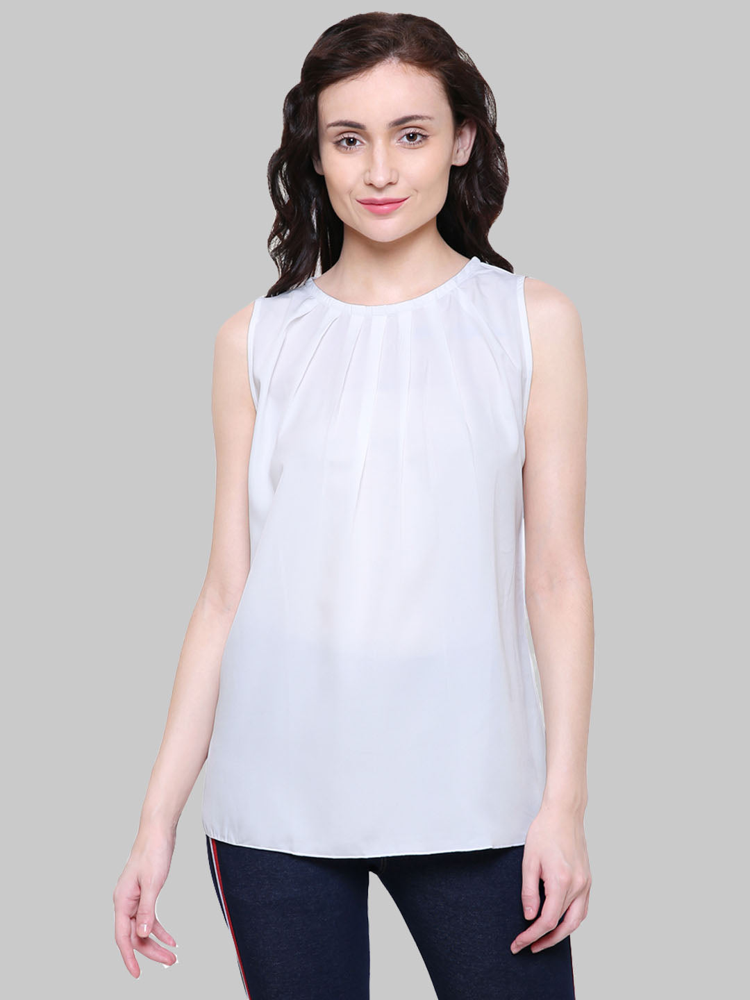 Saundarya Women's White American Crepe Sleeveless Pleated Neck Top