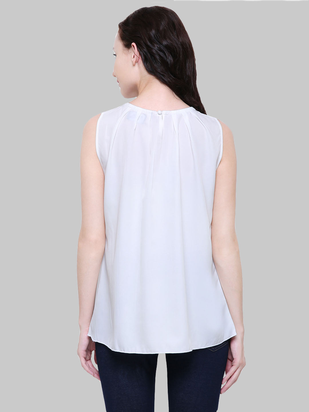 Saundarya Women's White American Crepe Sleeveless Pleated Neck Top