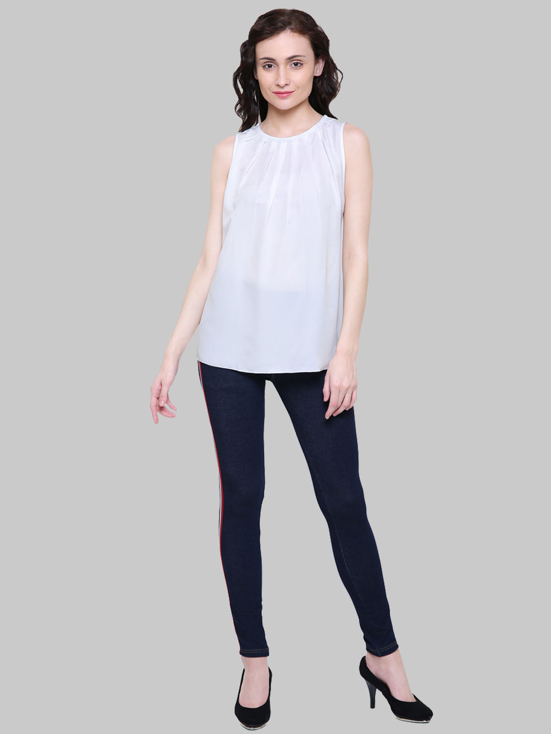Saundarya Women's White American Crepe Sleeveless Pleated Neck Top