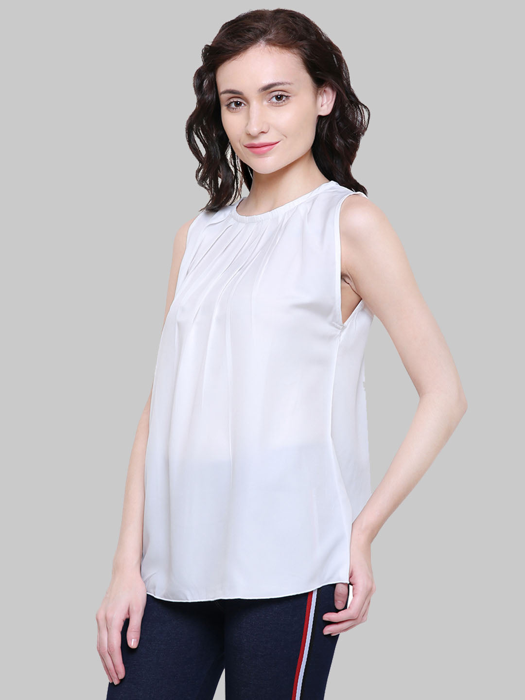 Saundarya Women's White American Crepe Sleeveless Pleated Neck Top