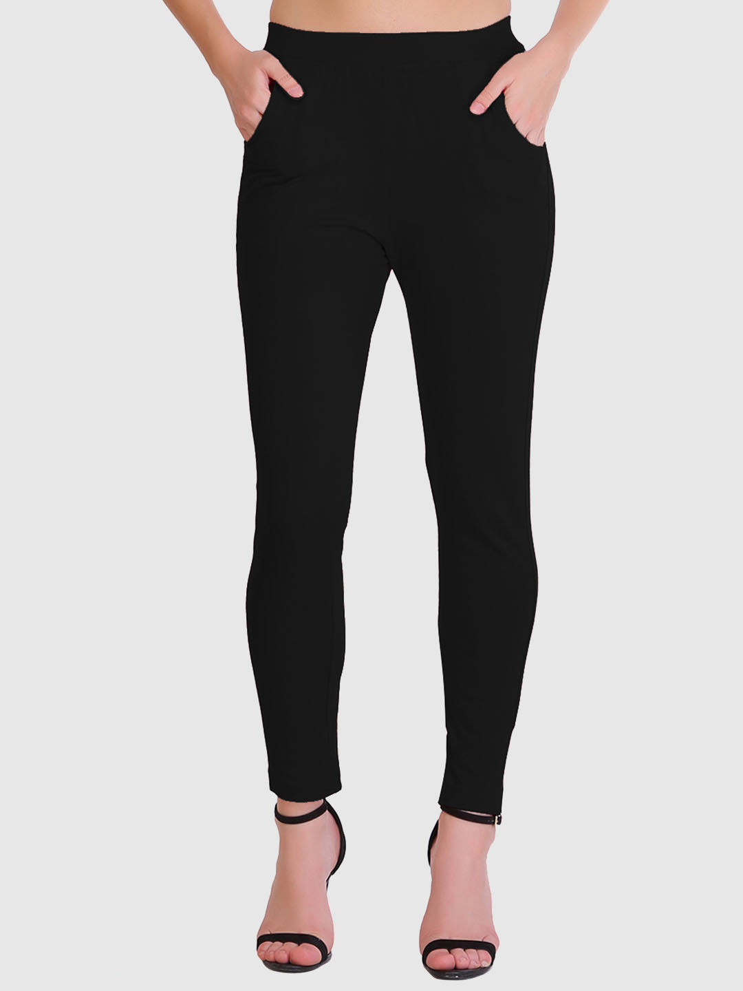 Saundarya Women’s Slim Fit Pocket  Super Combed Cotton Rich Lycra Fabric Tailored Cut Stretchable Solid Plain Color Leggings; Black