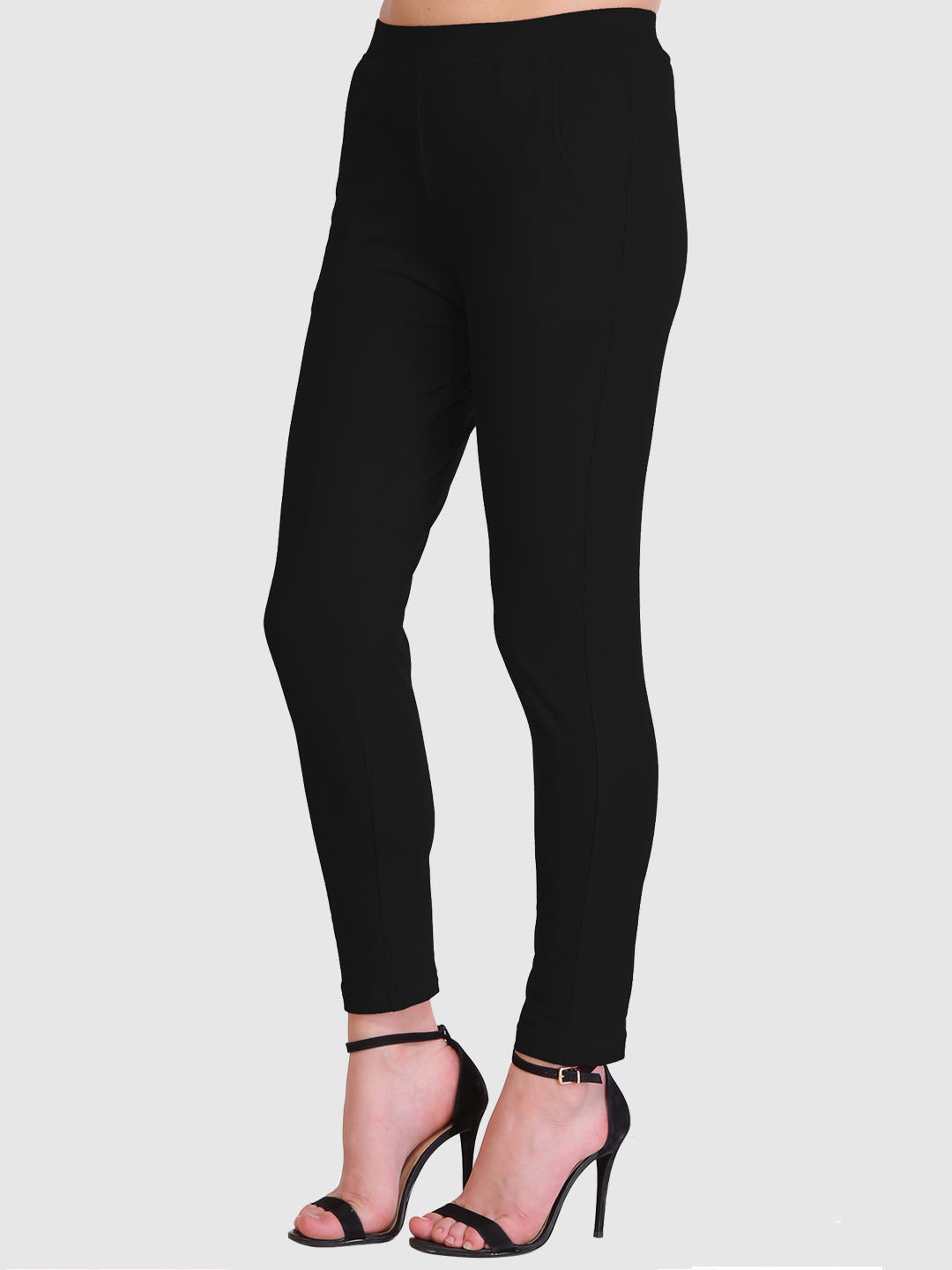 Saundarya Women’s Slim Fit Pocket  Super Combed Cotton Rich Lycra Fabric Tailored Cut Stretchable Solid Plain Color Leggings; Black
